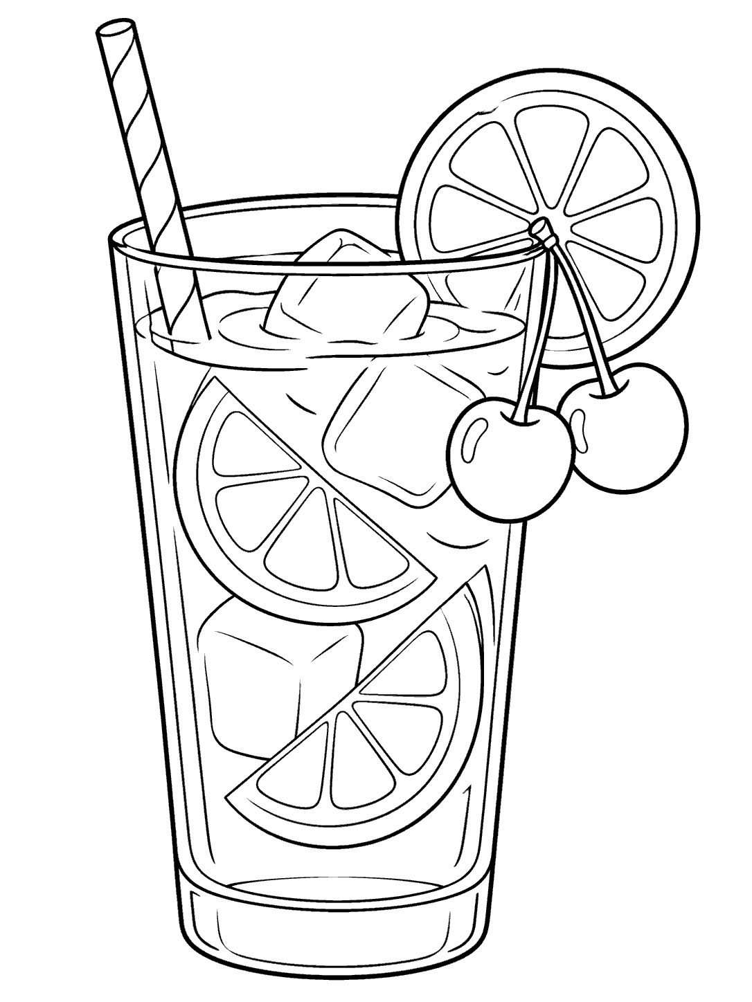 Black-and-white coloring page of a tall lemonade glass with ice, a straw, lemon slices, and two cherries
