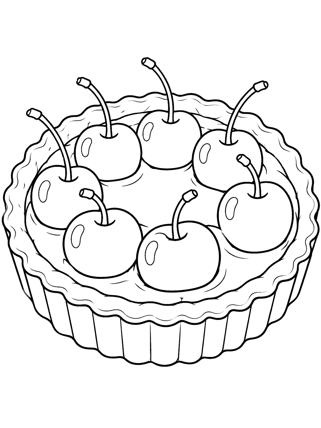 A round fluted tart topped with seven large cherries arranged in a ring.