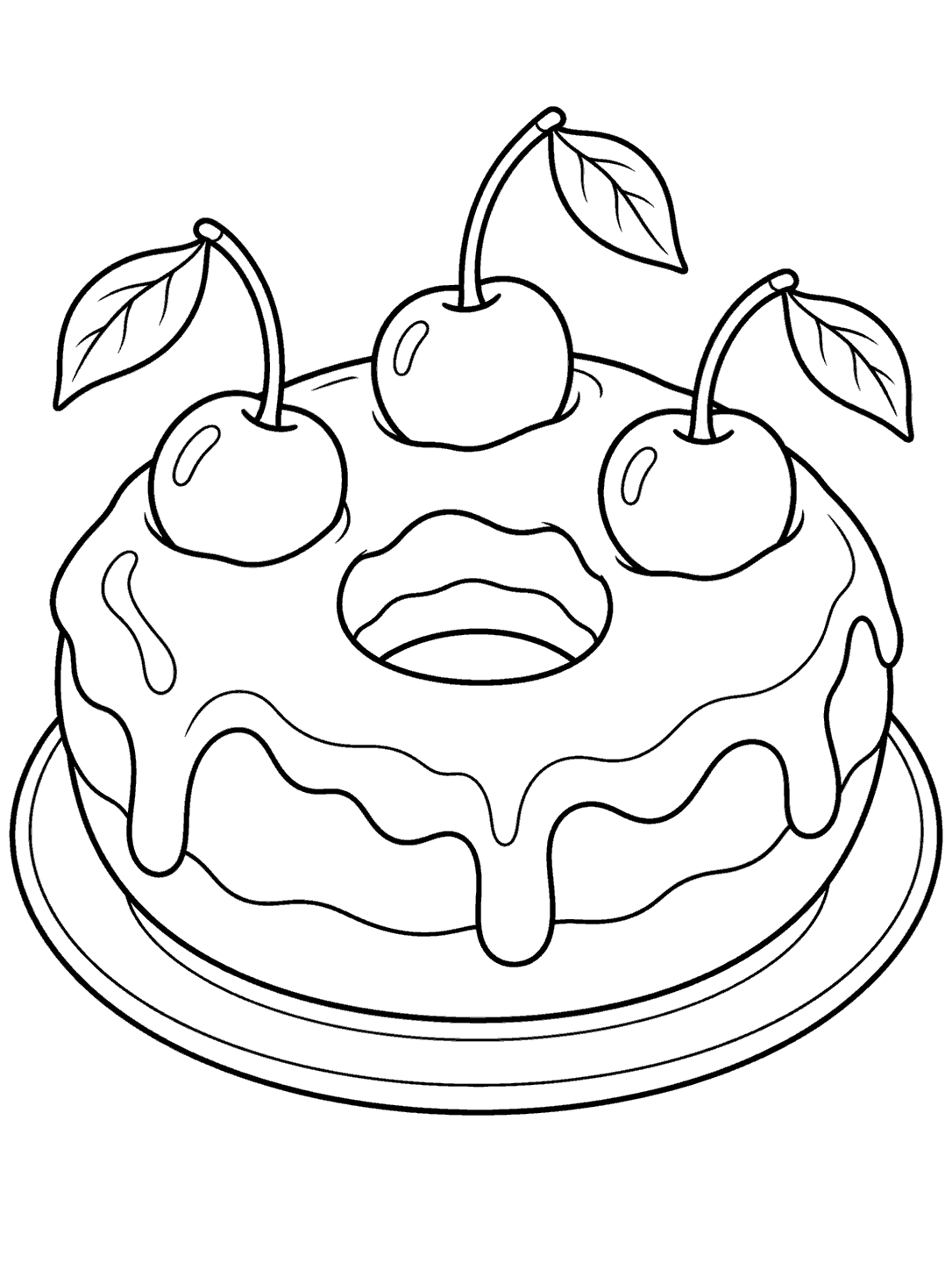 A large ring donut with broad glaze drips and three leafy cherries on a plate, drawn in black outlines.
