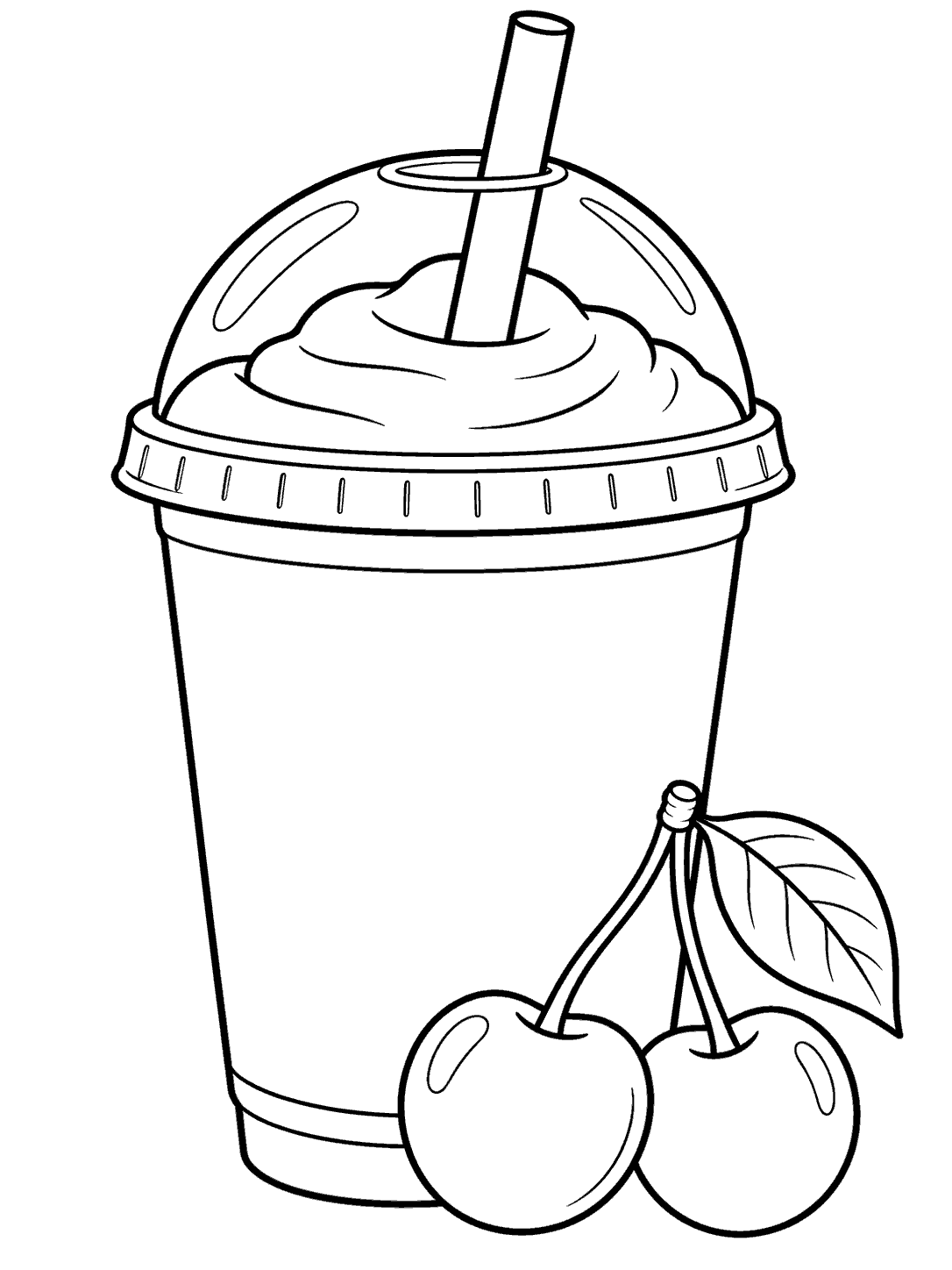 Black-and-white coloring page showing a blank lidded smoothie cup with a straw and two cherries in front.