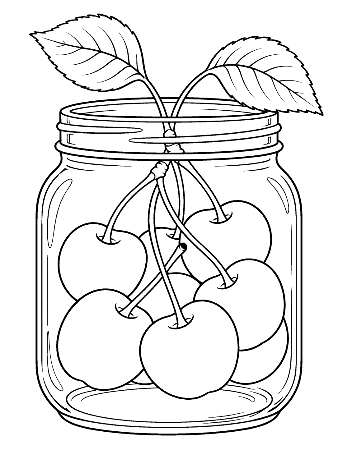 Wide-mouth mason jar holding open cherries on stems beneath two leaves.