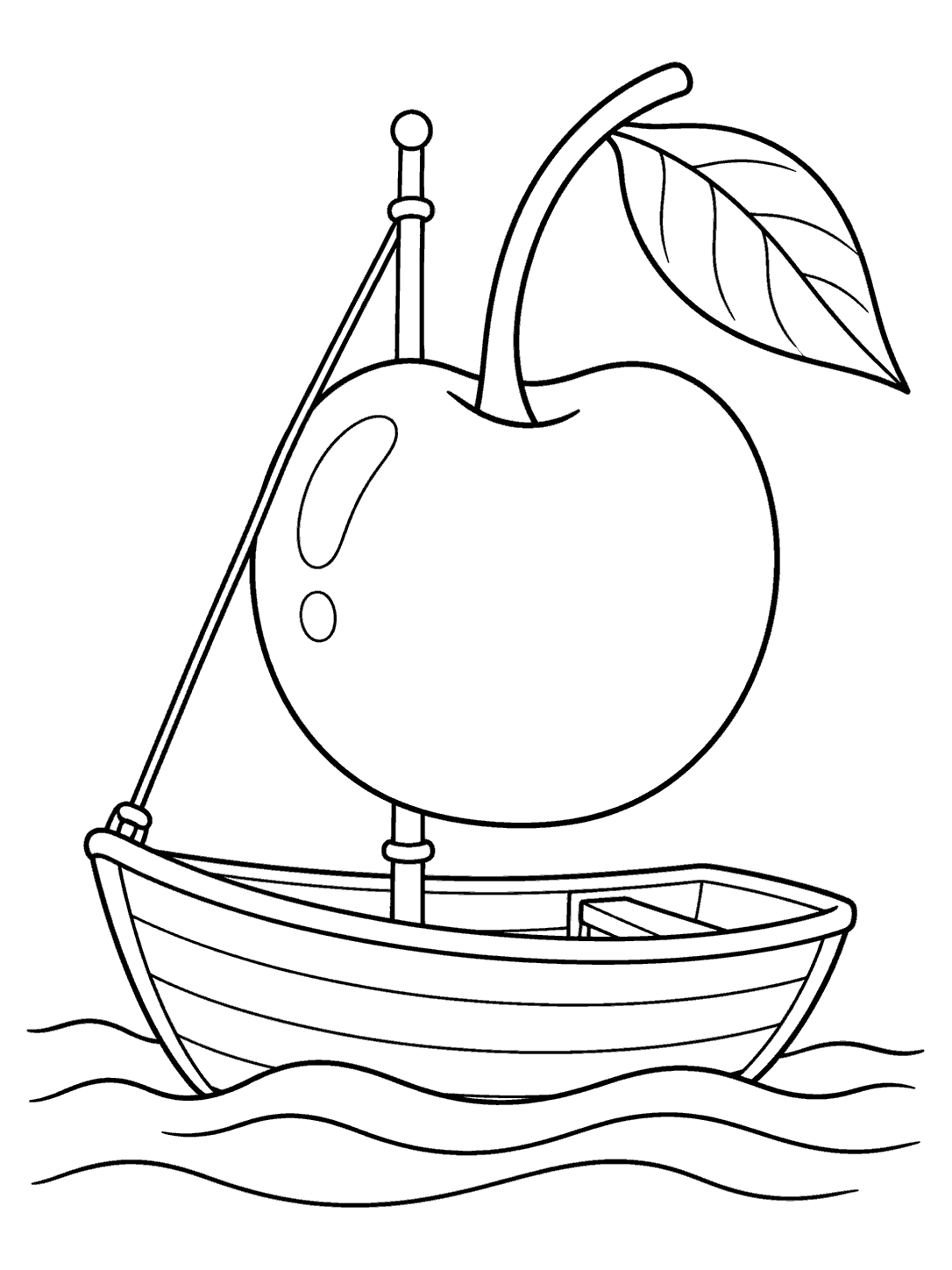 Small sailboat with a large cherry-shaped sail and leaf, floating on calm curved water lines.