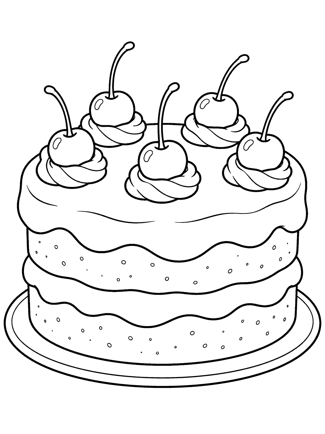Two-layer cake with five cherries on top and a serving plate