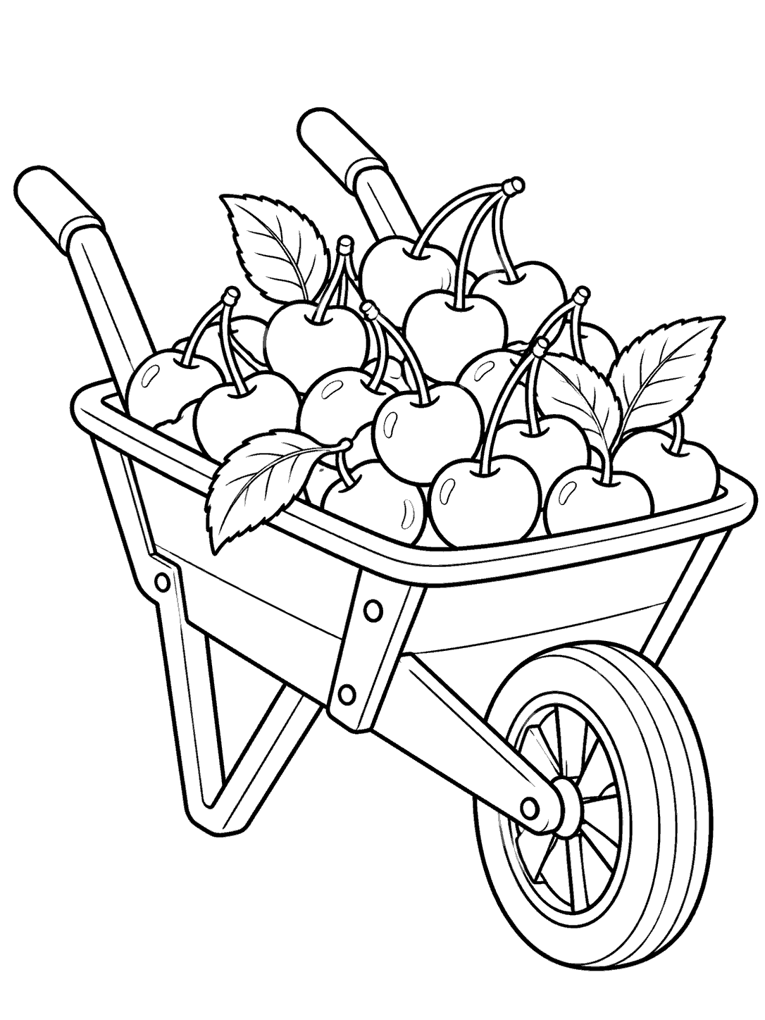 Three-quarter view of a garden wheelbarrow filled with cherries and leaves
