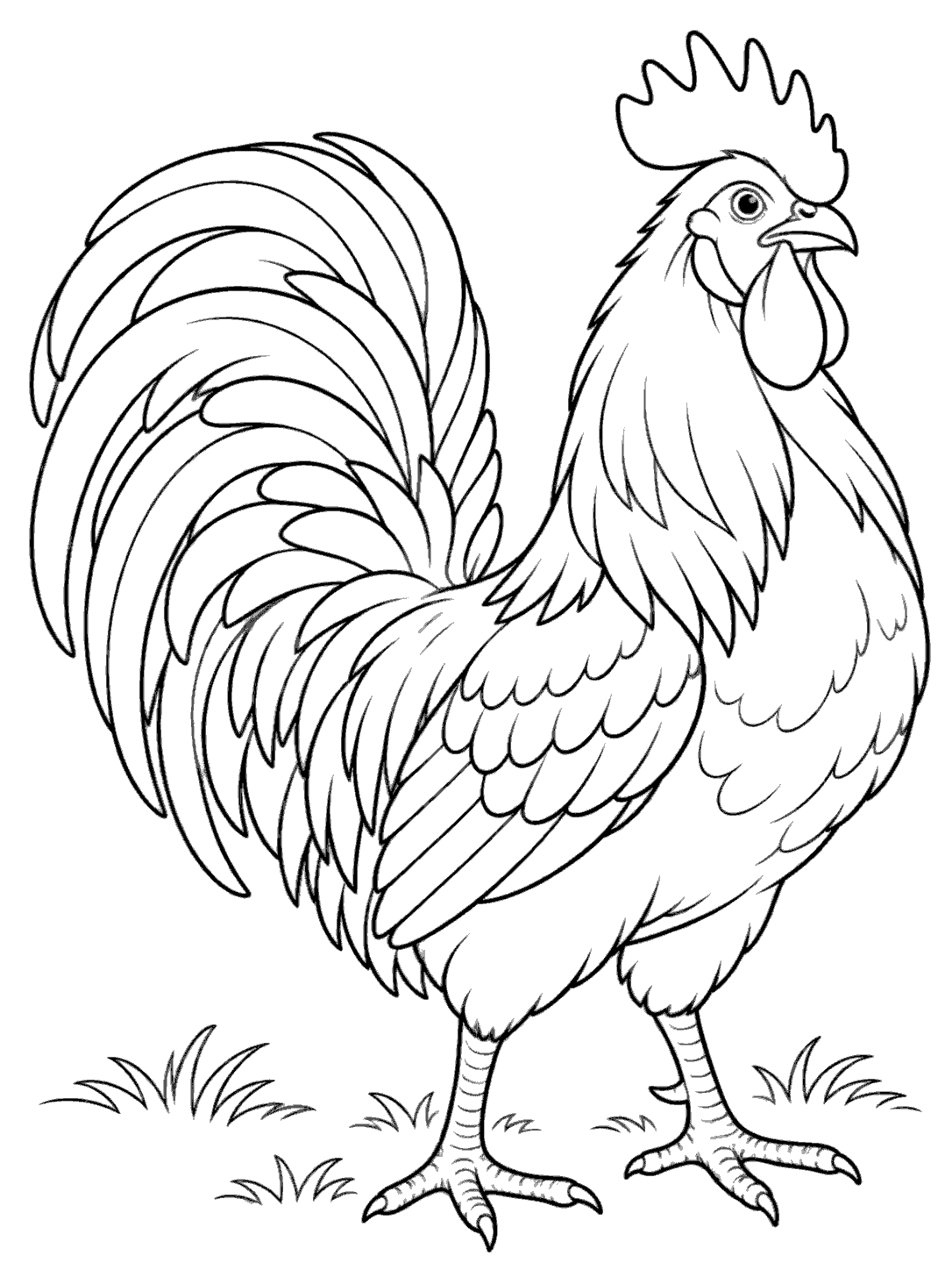 Black-outline coloring page of a proud rooster with a large arched tail fan, sturdy feet, and tufts of grass.