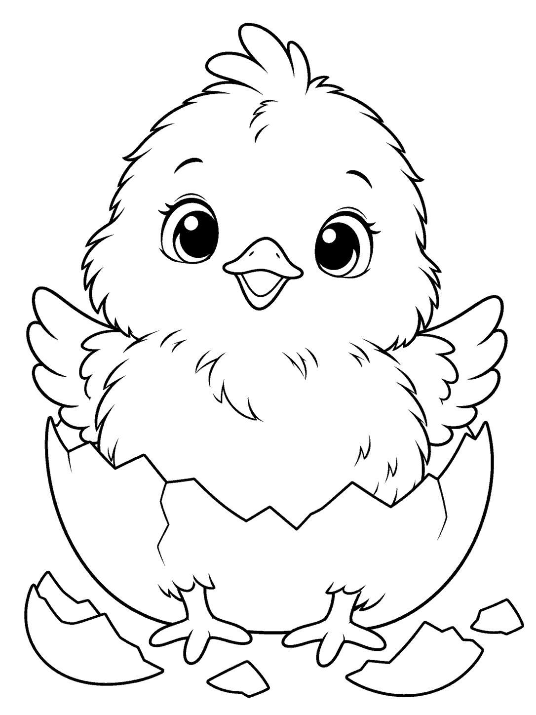 Black-outline coloring page of a fluffy chick emerging from a cracked eggshell with shell pieces at its feet.
