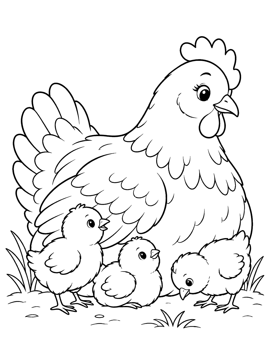 Black-outline coloring page showing a seated hen with three chicks in distinct poses.