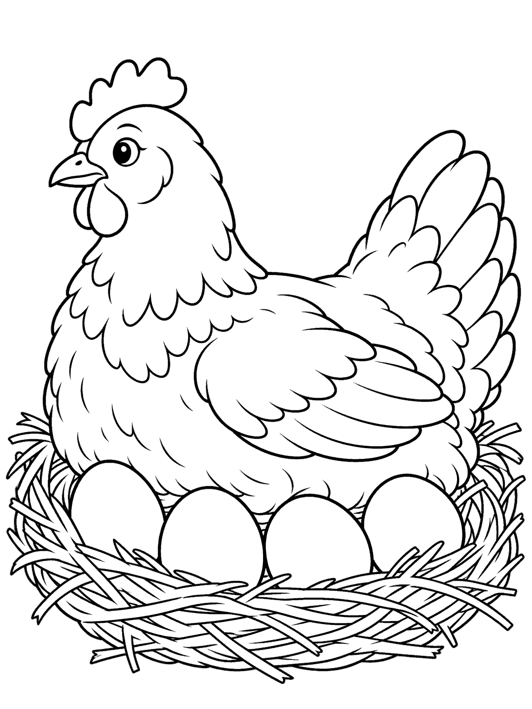 Black-outline coloring page of a side-view hen sitting in a straw nest above four separate eggs.