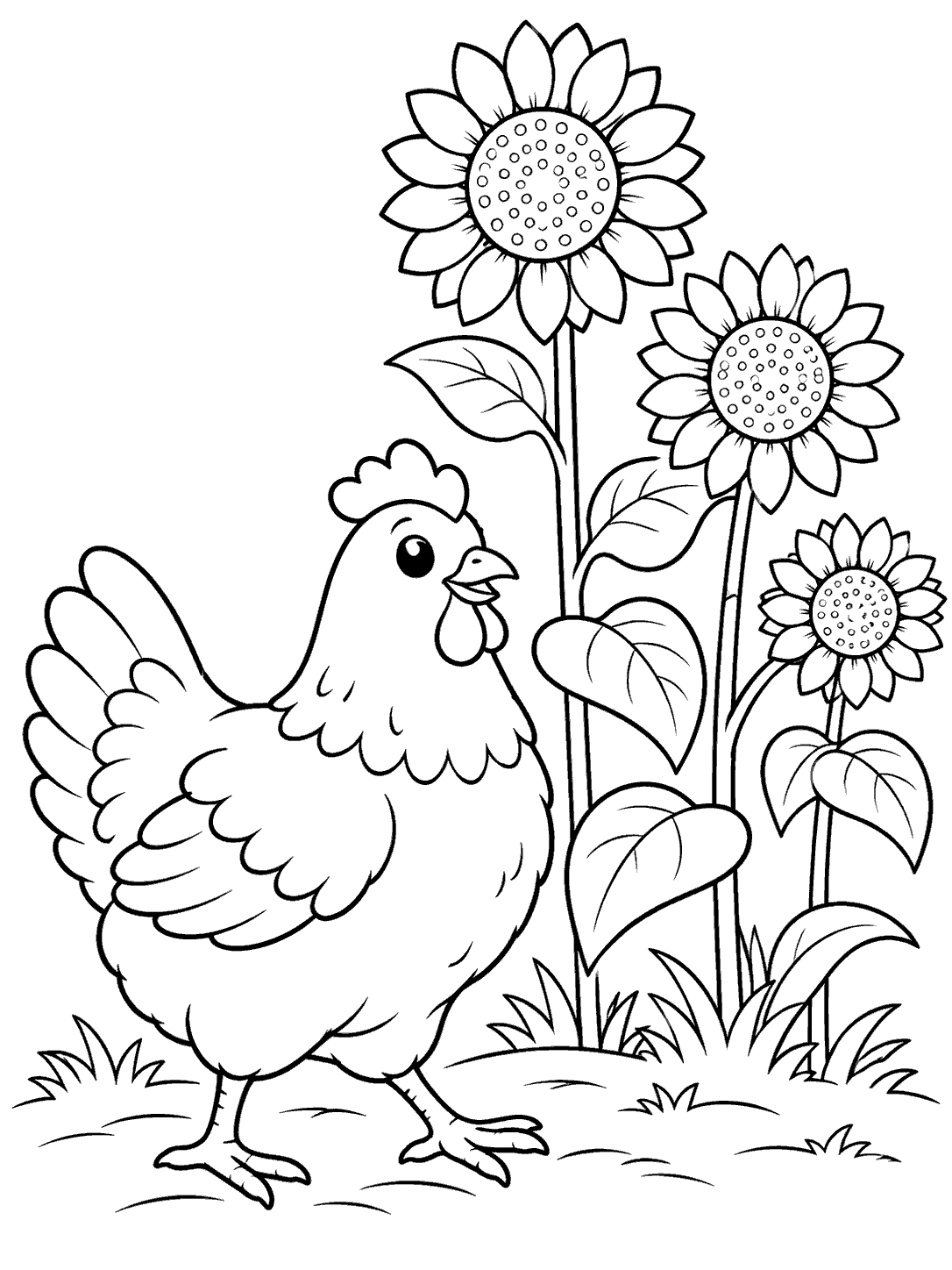 Chicken with sunflowers coloring page