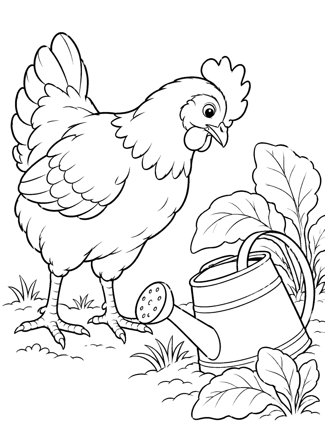 Black-outline coloring page of an alert chicken beside a tipped watering can and large garden leaves.