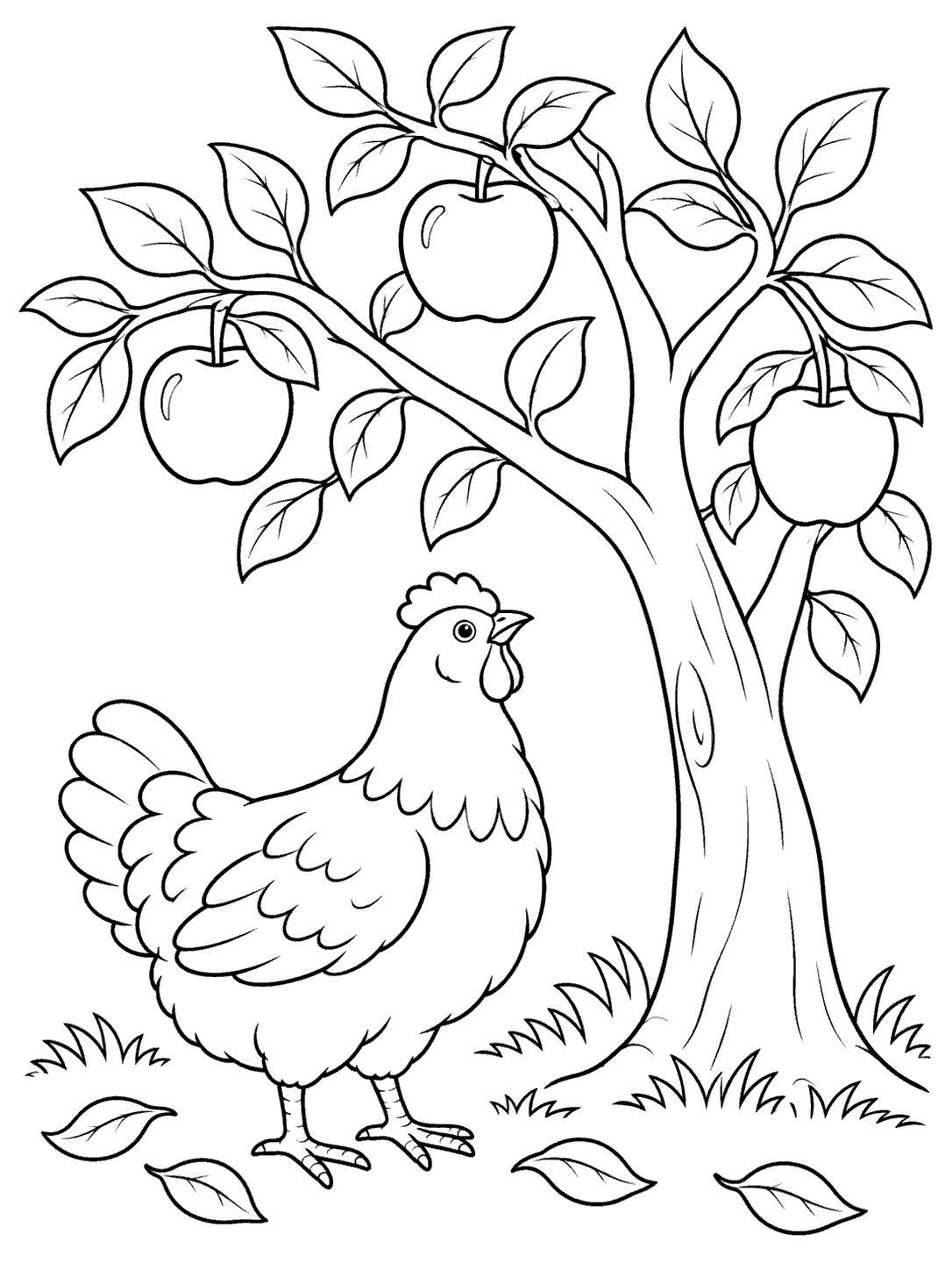 Black line art coloring page of a chicken beneath an apple tree with three apples and fallen leaves.