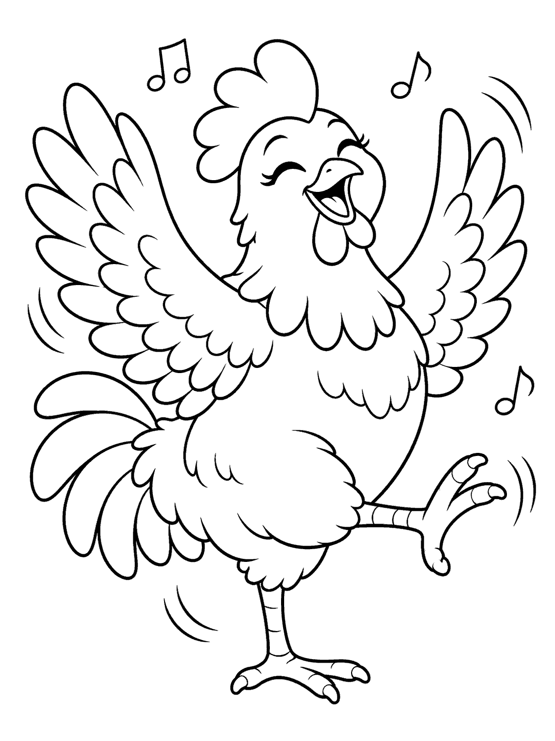 A cheerful chicken dancing on one foot with raised wings, music notes, and motion marks in a black-and-white coloring page.
