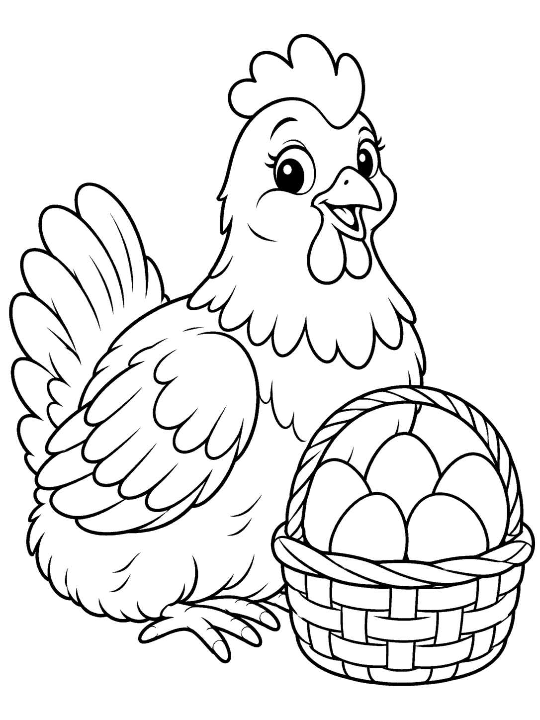 Black-outline chicken coloring page showing a seated chicken beside a basket with five visible eggs.