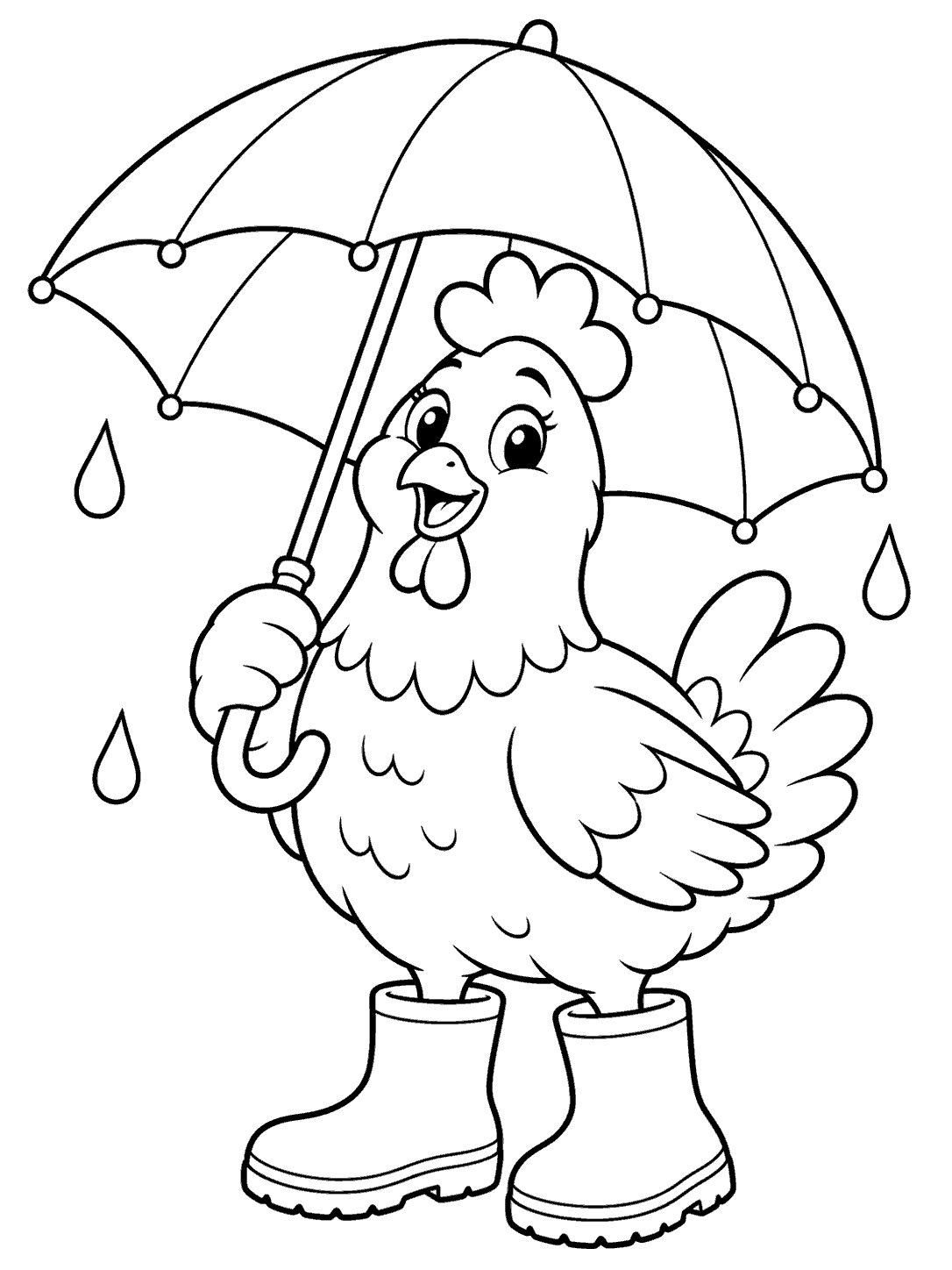 Chicken under an umbrella wearing oversized rain boots coloring page