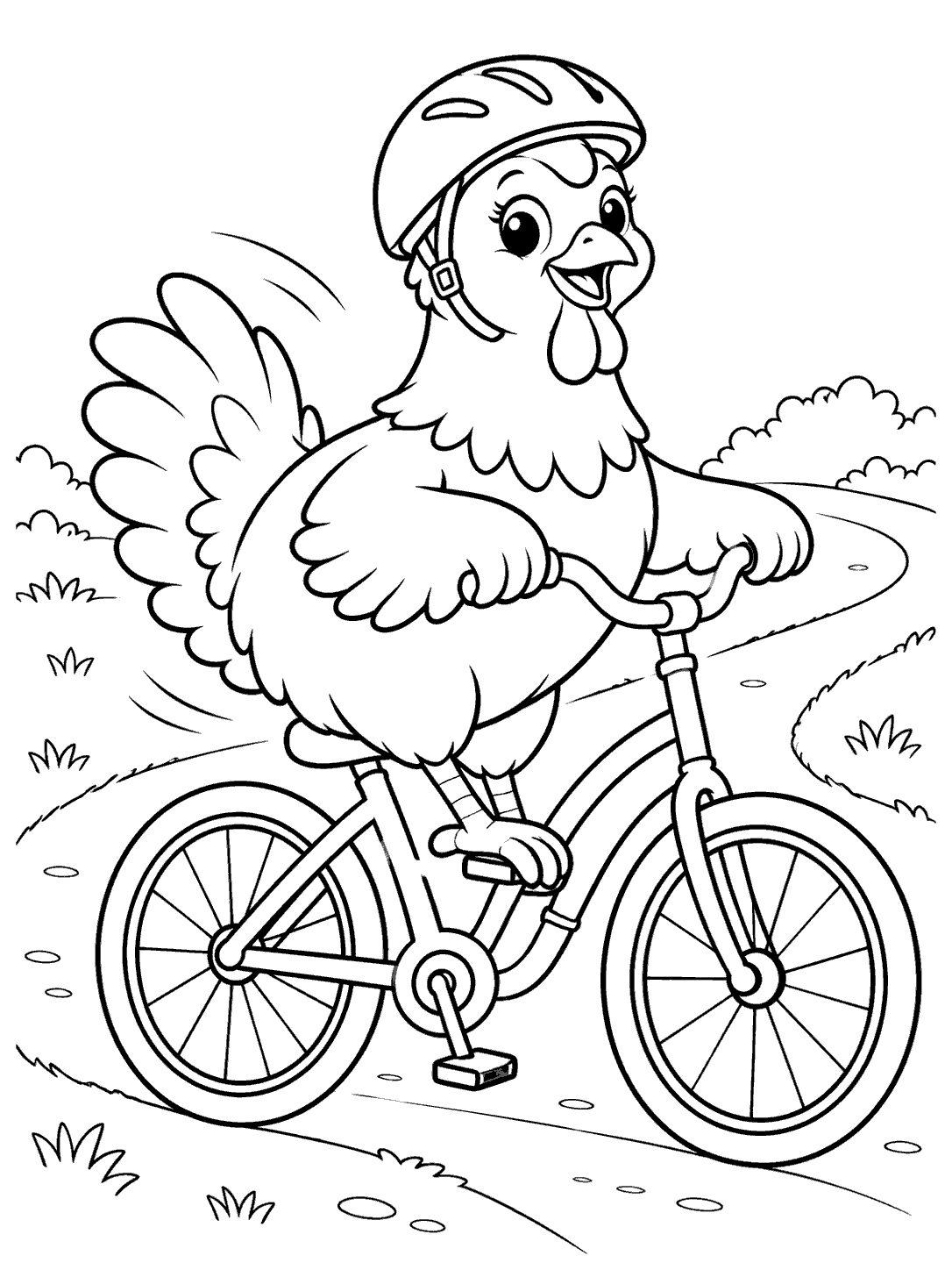 A cheerful helmeted chicken rides a bicycle with complete wheels along a curved path, drawn in black outline on white.