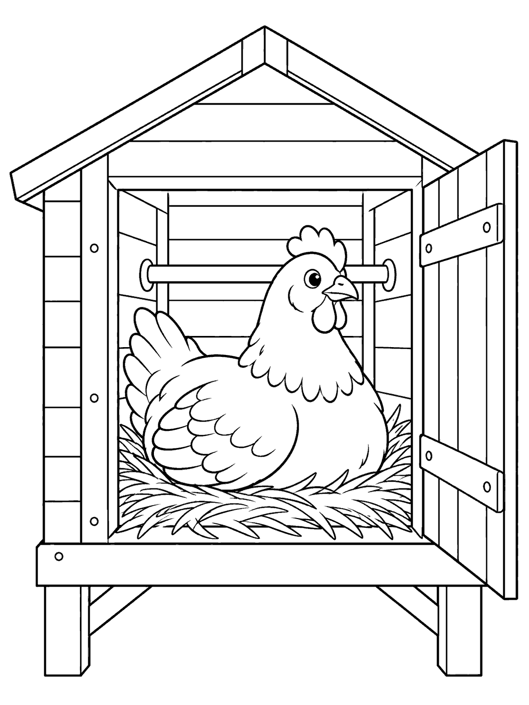 Black-outline coloring page of a hen resting on straw inside a wooden coop with an open door and perch.