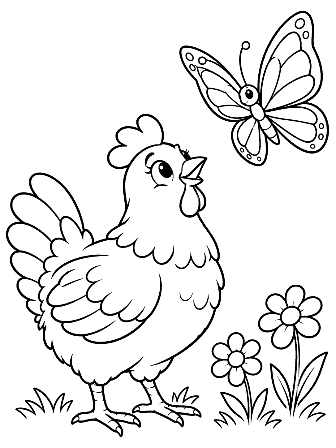 Black line art of a curious chicken looking at a large butterfly, with two flowers nearby.