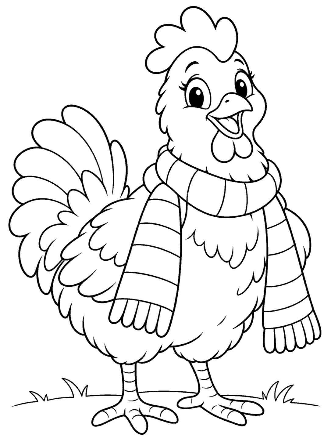 Black-outline coloring page of a friendly standing chicken with a long striped scarf and a simple ground line.