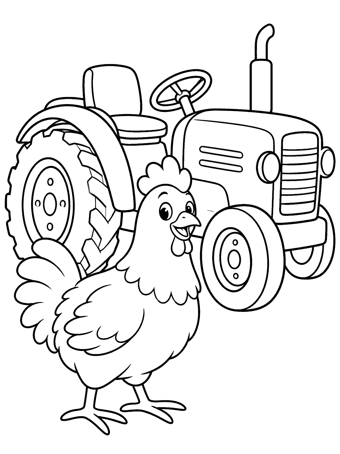 Black-outline coloring page showing a chicken in front of a farm tractor with two different-sized wheels, a steering wheel, and a seat.