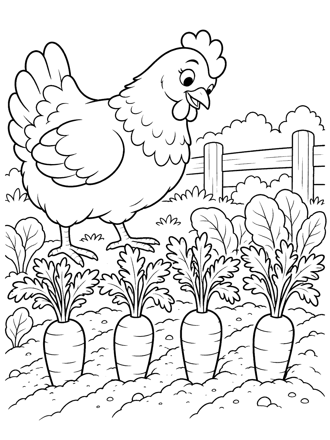 Black outline coloring page of a hen looking toward four large carrots in a vegetable patch.
