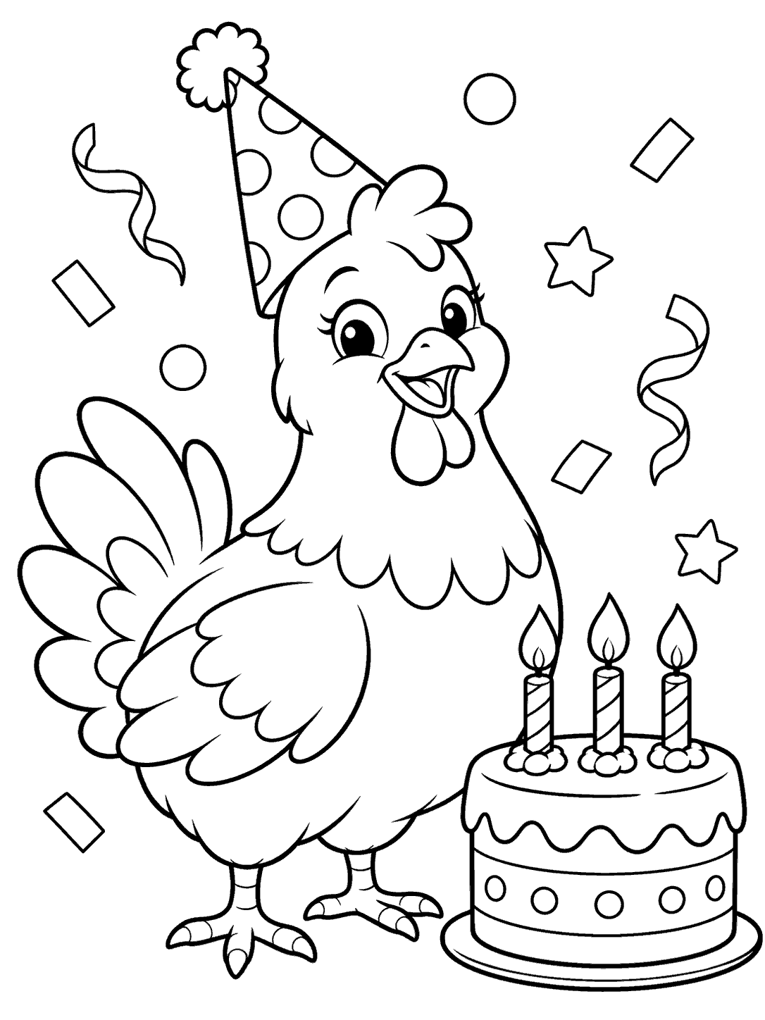 Black-and-white chicken wearing a tall party hat beside a birthday cake with three candles and scattered confetti.