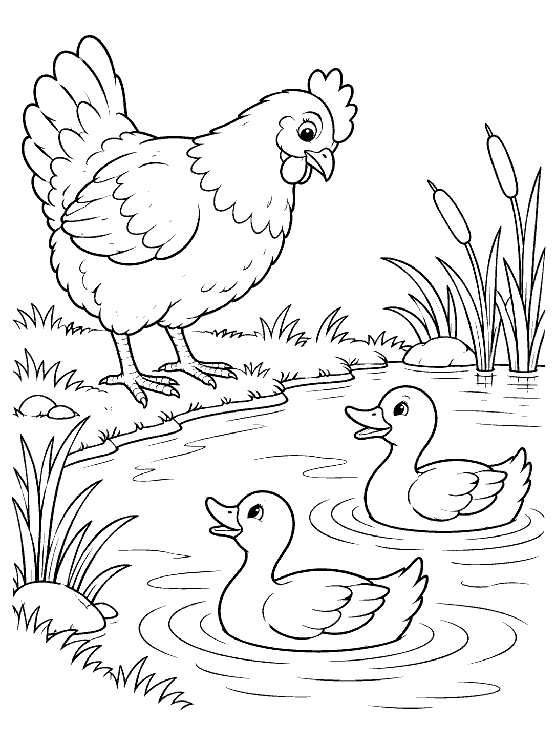 Chicken standing by a pond as two ducks swim among reeds, black-and-white coloring page.