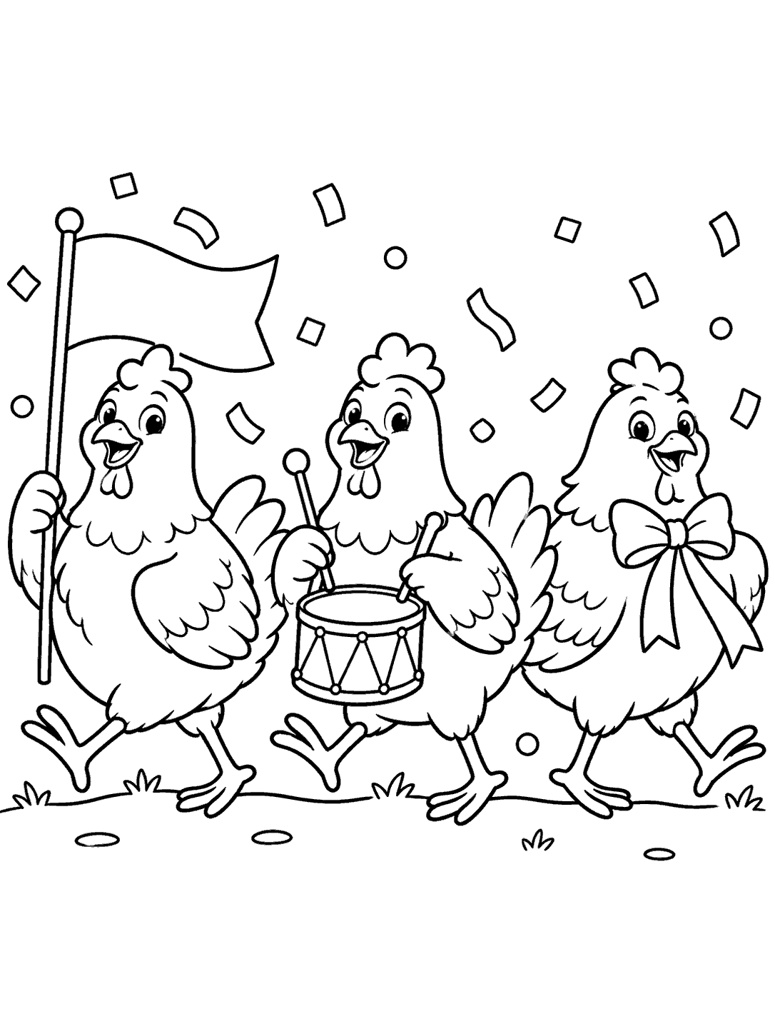 Three cheerful chickens marching in a row with a large flag, a drum, and a ribbon bow, surrounded by confetti.