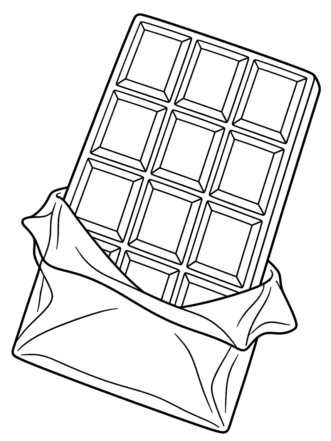 A diagonally tilted chocolate bar with square segments and a wrapper folded back at one end, drawn in clean black outlines.