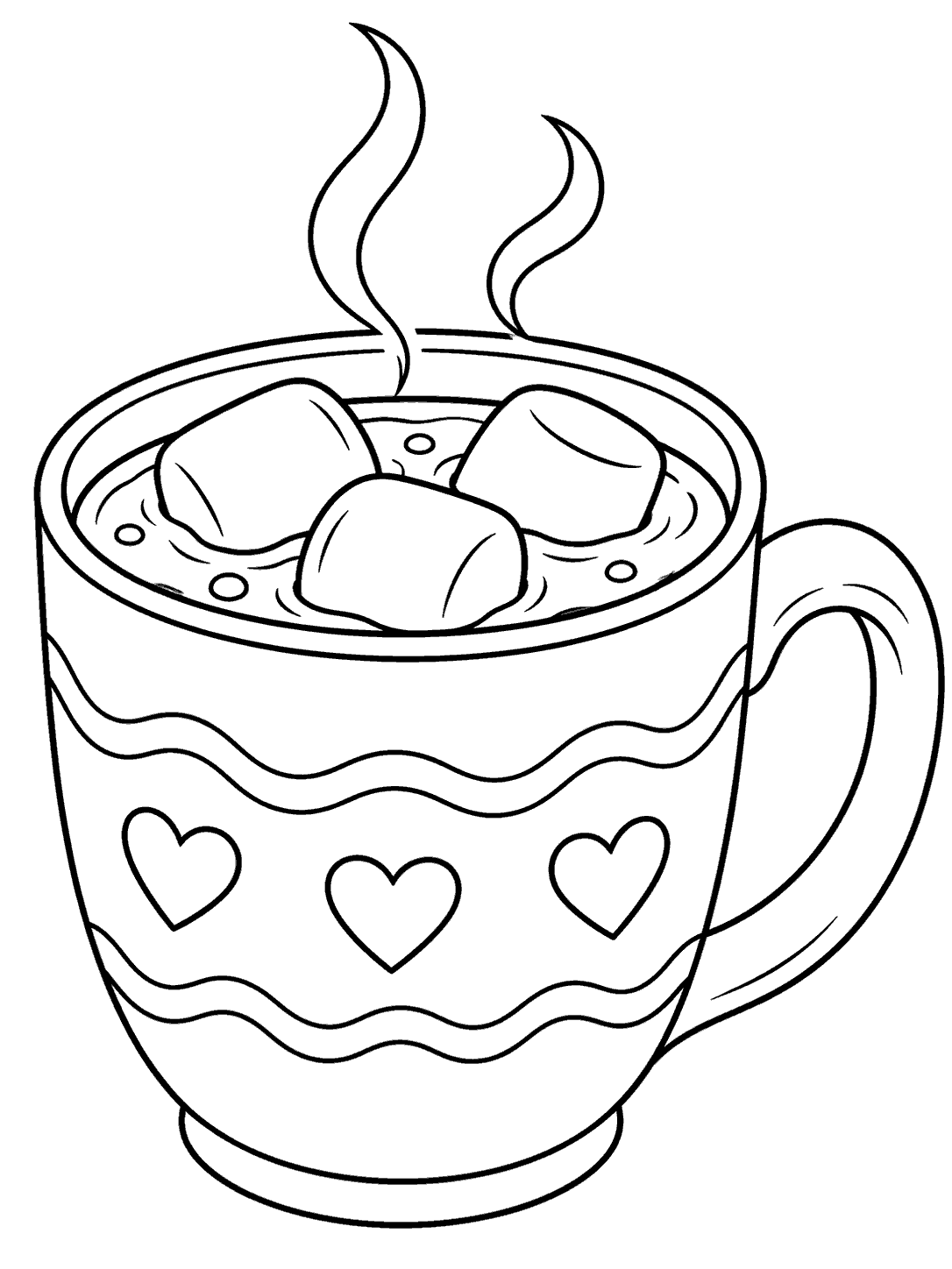 A large decorated mug of hot chocolate topped with three marshmallows and two curling steam lines.