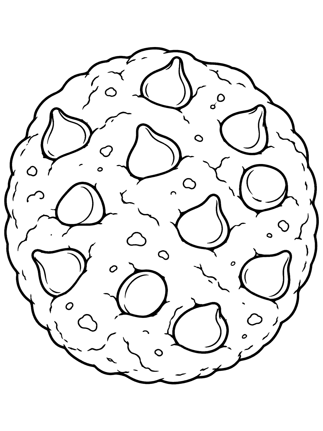 Large round chocolate chip cookie with generously spaced chips, drawn in black outline.