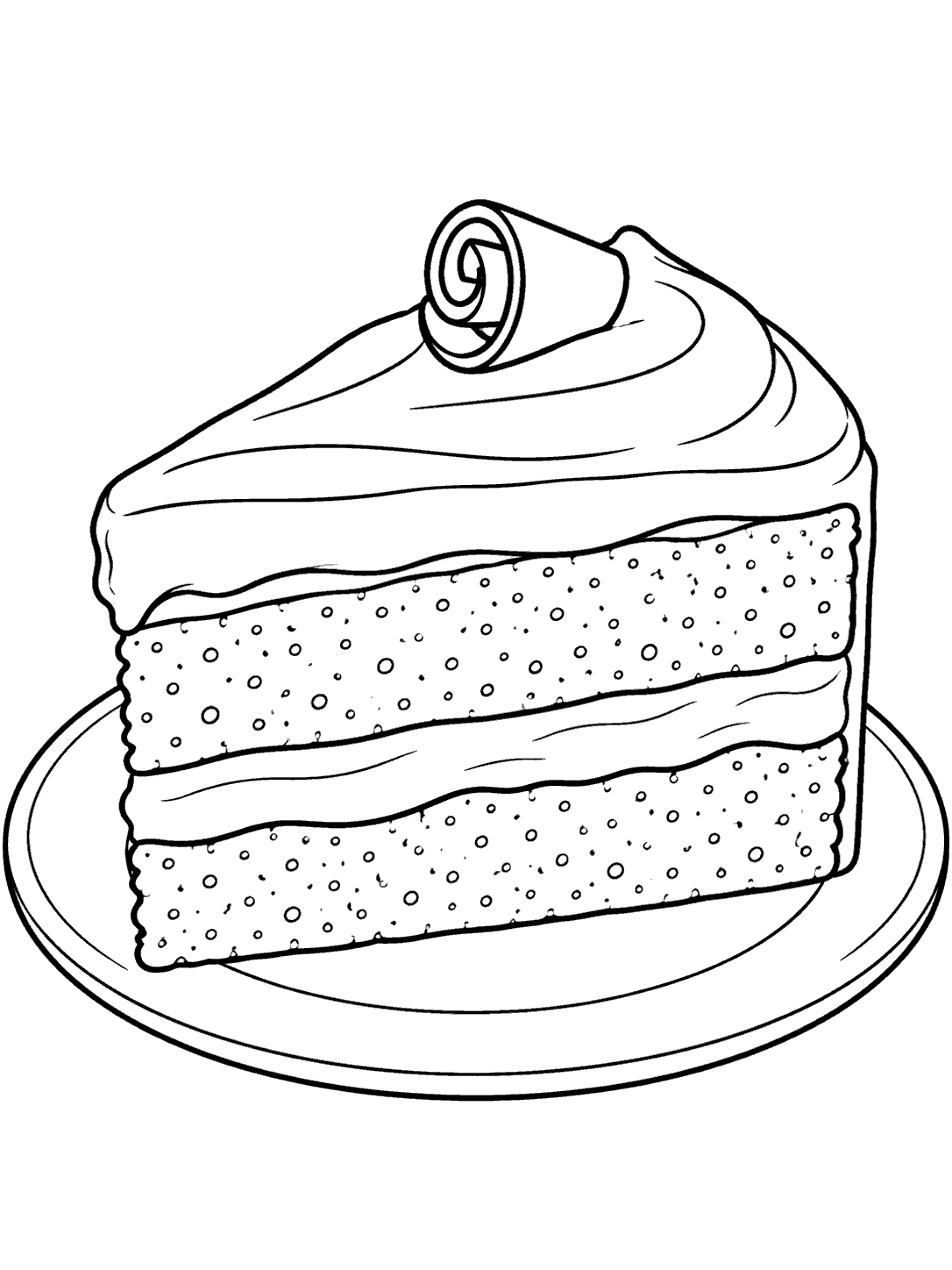 Black line art of a two-layer frosted chocolate cake slice with a curl, on a plain dessert plate.