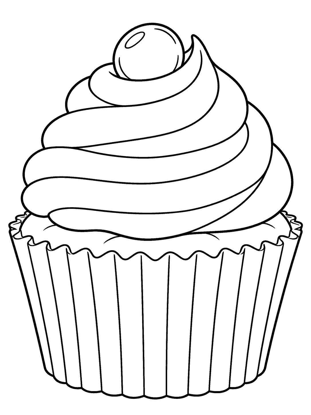 Single cupcake with pleated liner, tall frosting swirl, and round candy on top