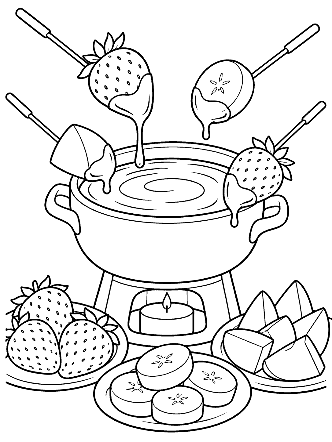 Black-and-white coloring page of a chocolate fondue pot surrounded by fruit skewers and plates of fruit.
