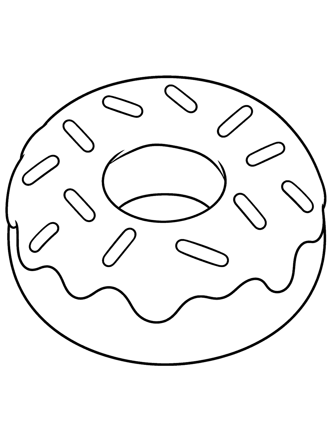 Black-and-white coloring page showing a ring donut with smooth glaze and spaced sprinkles.