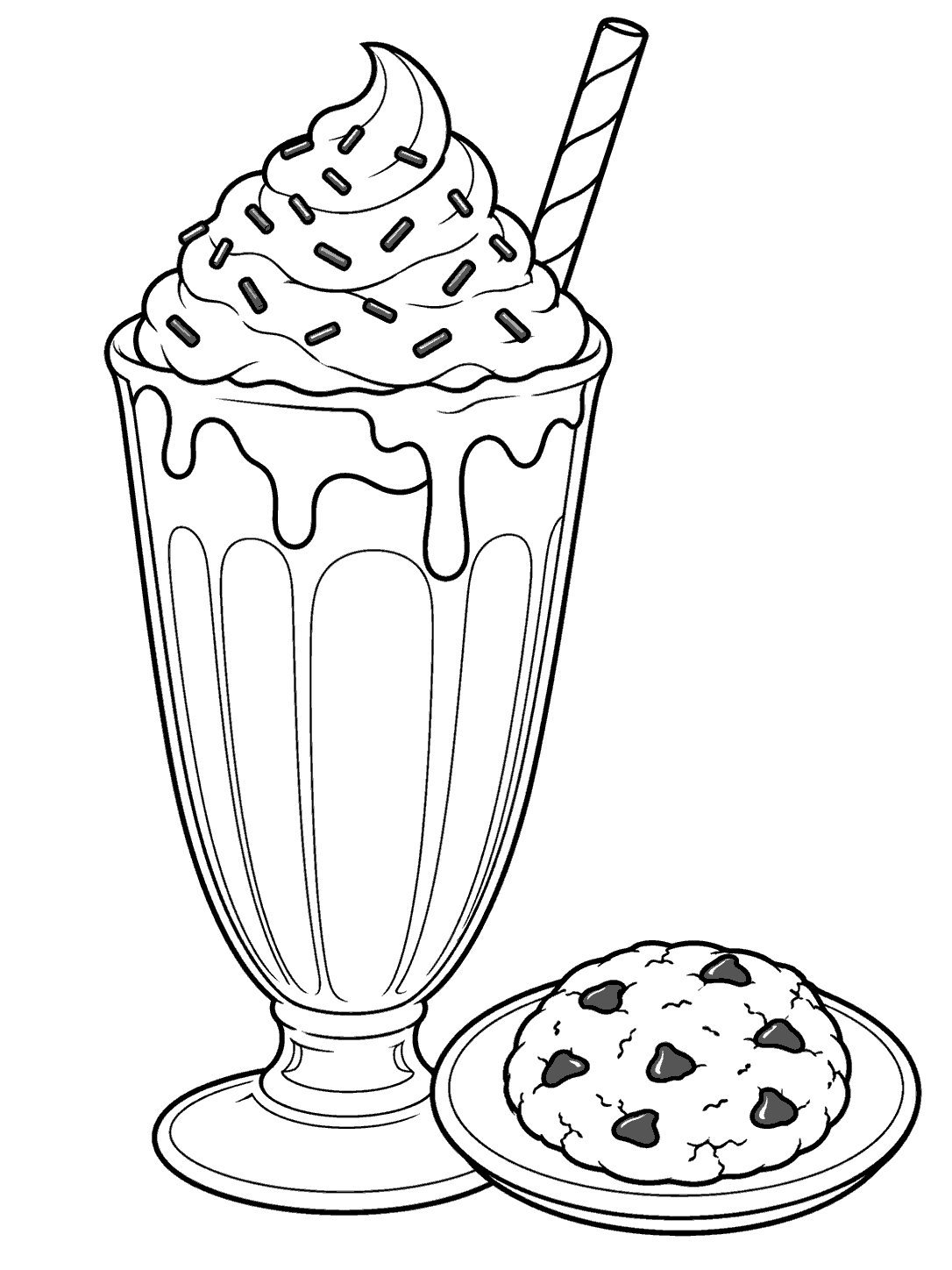 Black-and-white line art of a tall milkshake glass topped with whipped cream and a straw, beside a chocolate chip cookie on a plate.