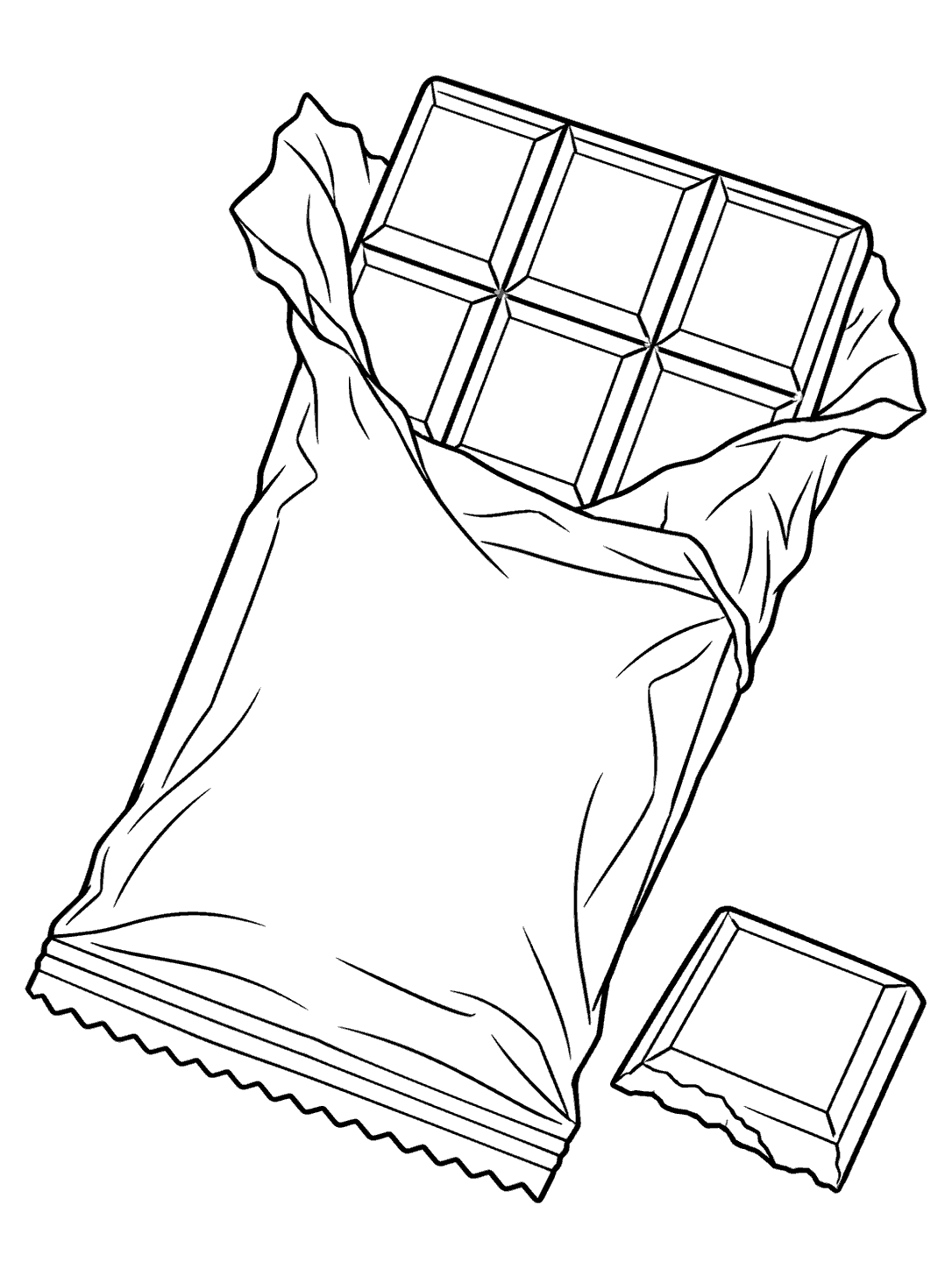 Blank wrapper opened around a chocolate bar with a separate broken square