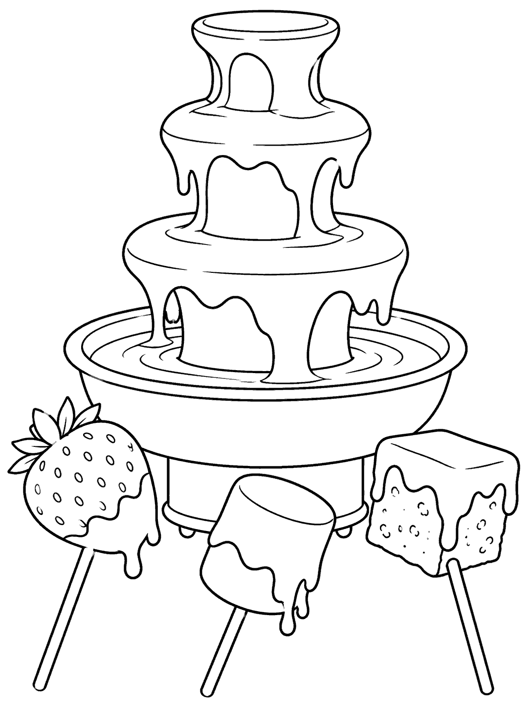Three-tier chocolate fountain on a shallow base with a strawberry, marshmallow, and square treat on sticks