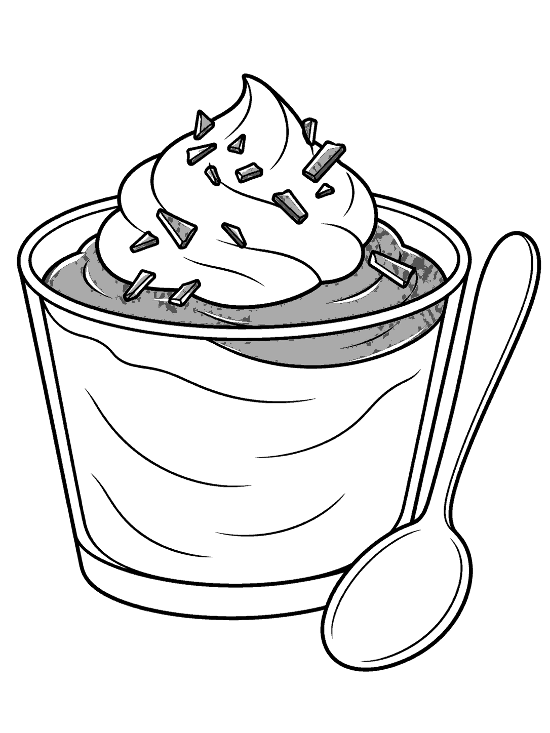 A dessert cup of chocolate pudding topped with cream and chocolate pieces, with a teaspoon beside it.