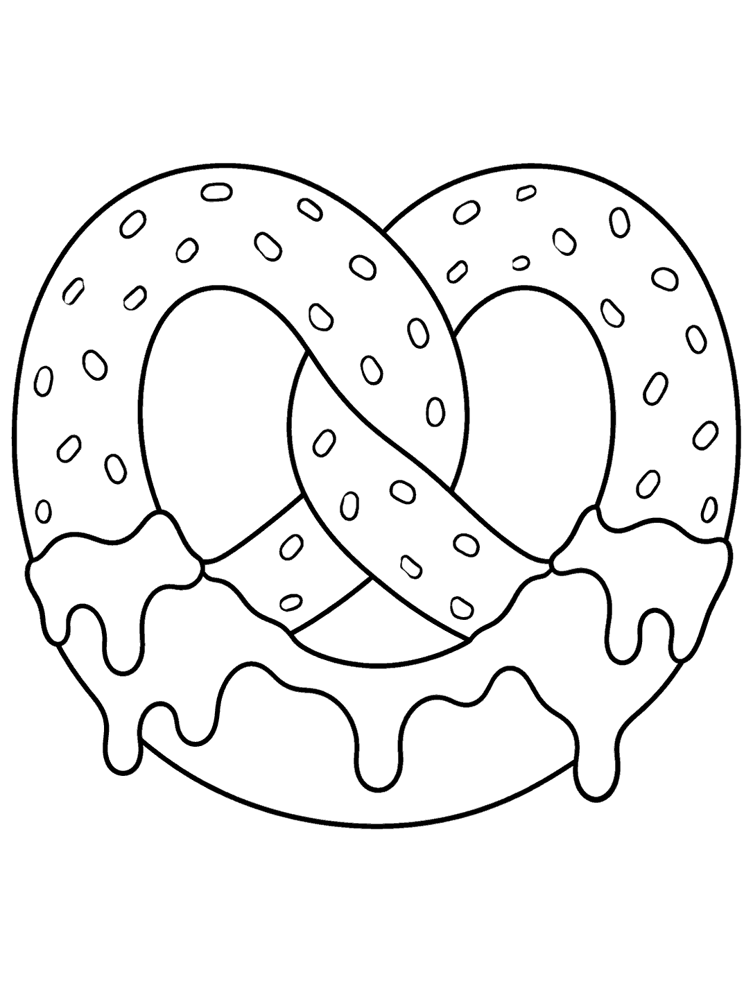 A large outlined pretzel with clear interlaced loops and a wavy chocolate coating over its lower half.