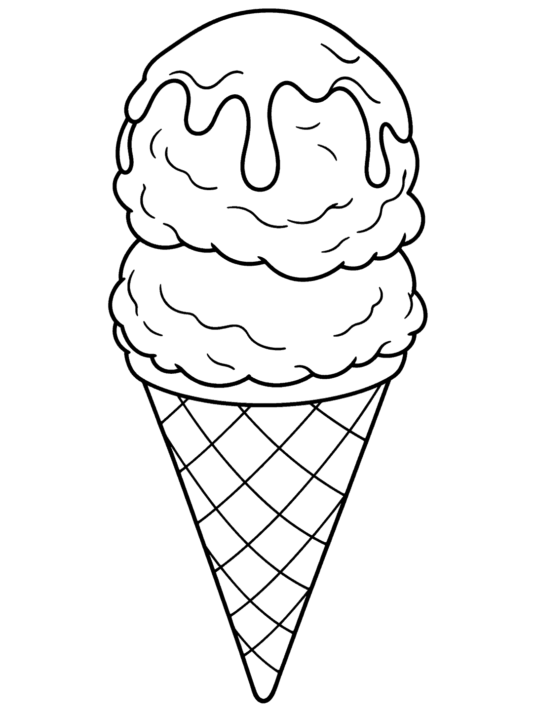 Two large ice cream scoops with chocolate drizzle in a crosshatched waffle cone.