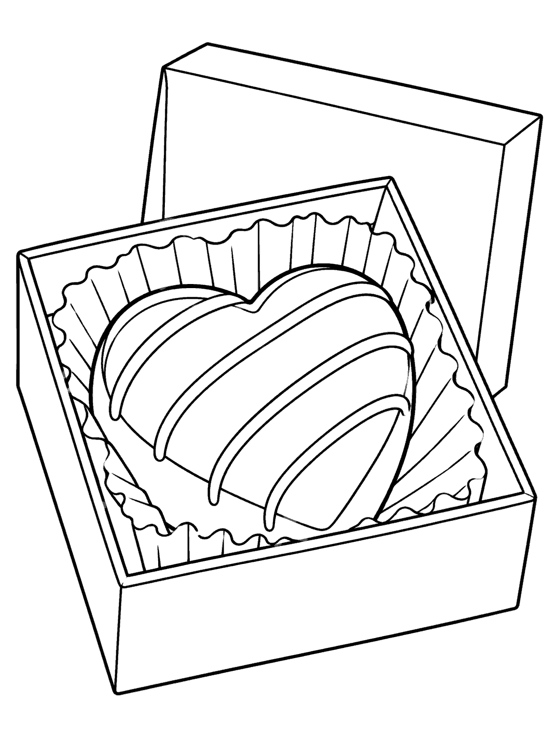 Black line art of a heart-shaped chocolate in a small open box with its folded lid behind it