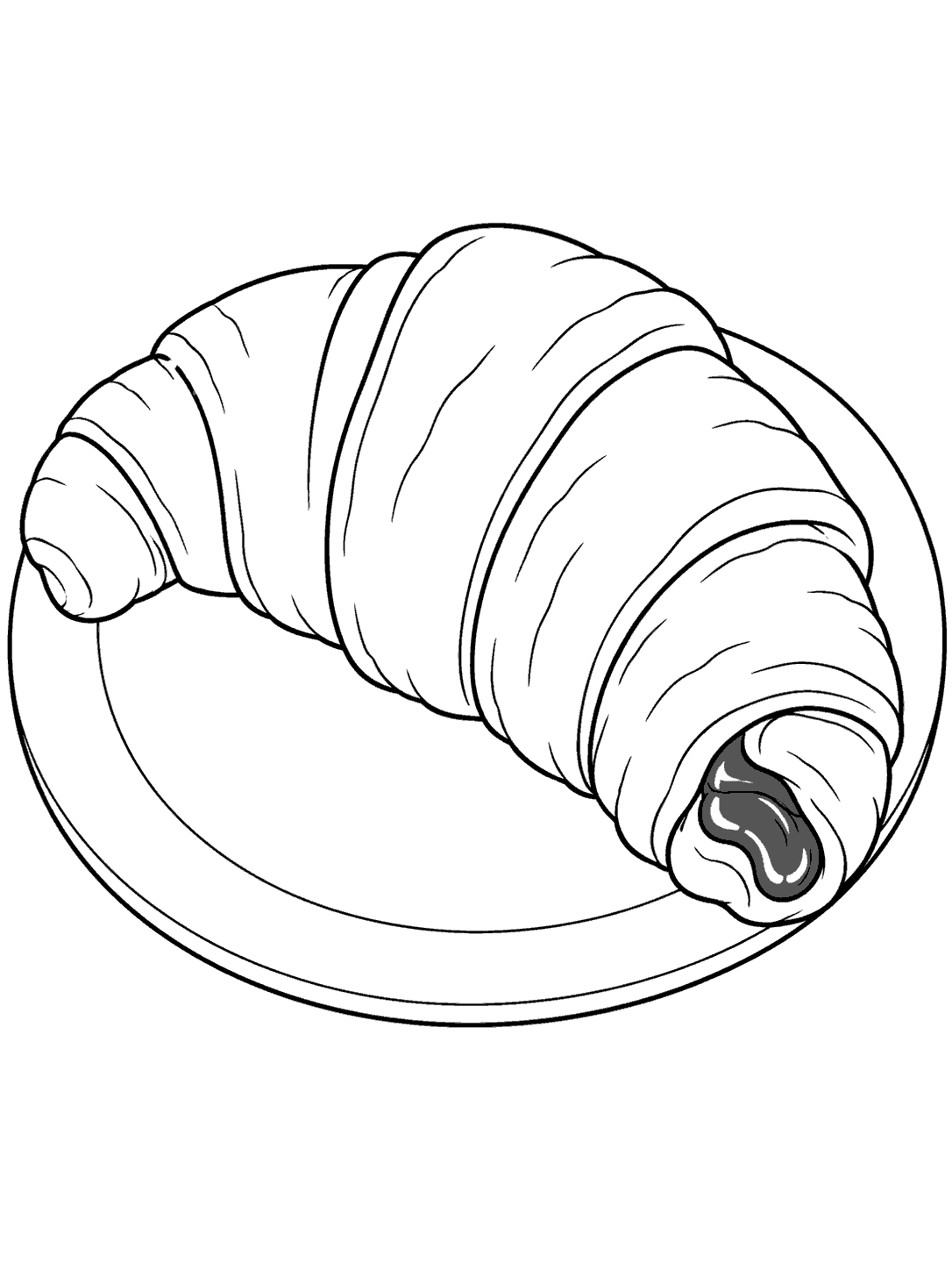 A crescent-shaped croissant with visible chocolate filling on a plain oval plate, drawn in black outlines.