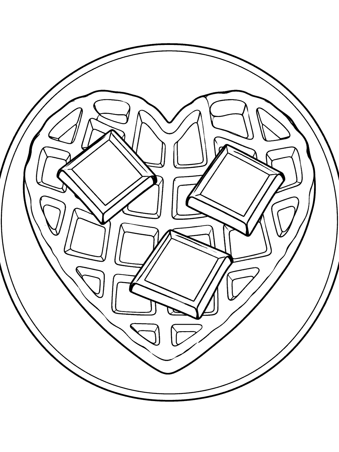 A heart-shaped waffle with three large chocolate squares on a round plate, drawn in black outlines.