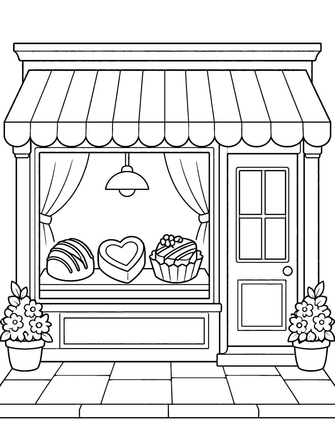 A small chocolate shop with a striped awning, large display window, and three treats on a shelf.