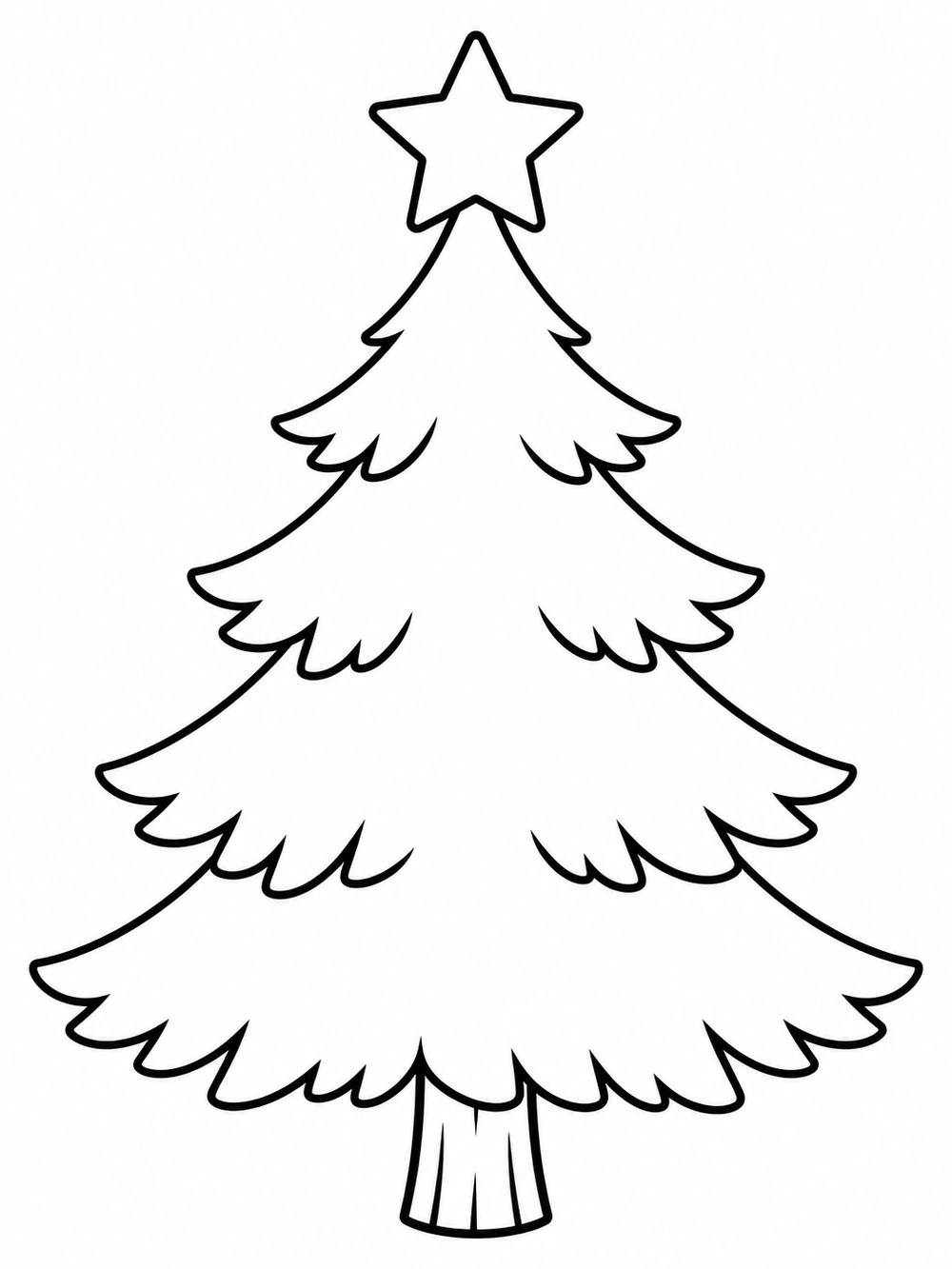 A bold, black-outline evergreen with four broad open branch tiers, a short trunk, and a five-point star, centered on white.