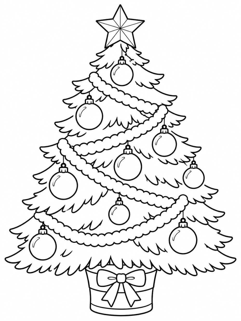A full evergreen Christmas tree with a star topper, round baubles, winding garland, and a bow-tied base, drawn in black outlines.
