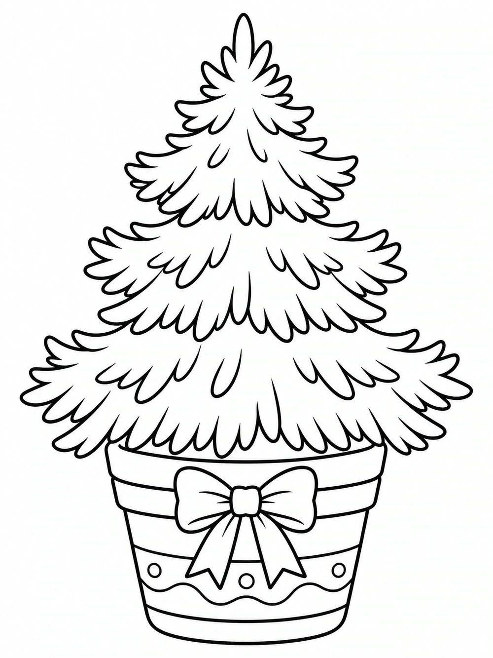 Black-and-white Christmas tree coloring page showing a three-layer evergreen in a wide decorated flowerpot with a bow.