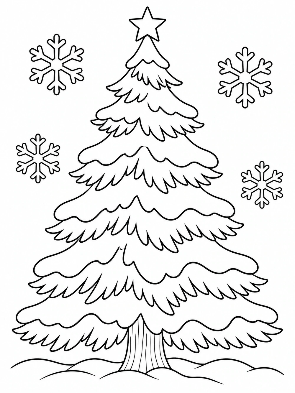 Tall evergreen coloring page with outlined snow-covered branch tiers, a star, and four snowflakes.