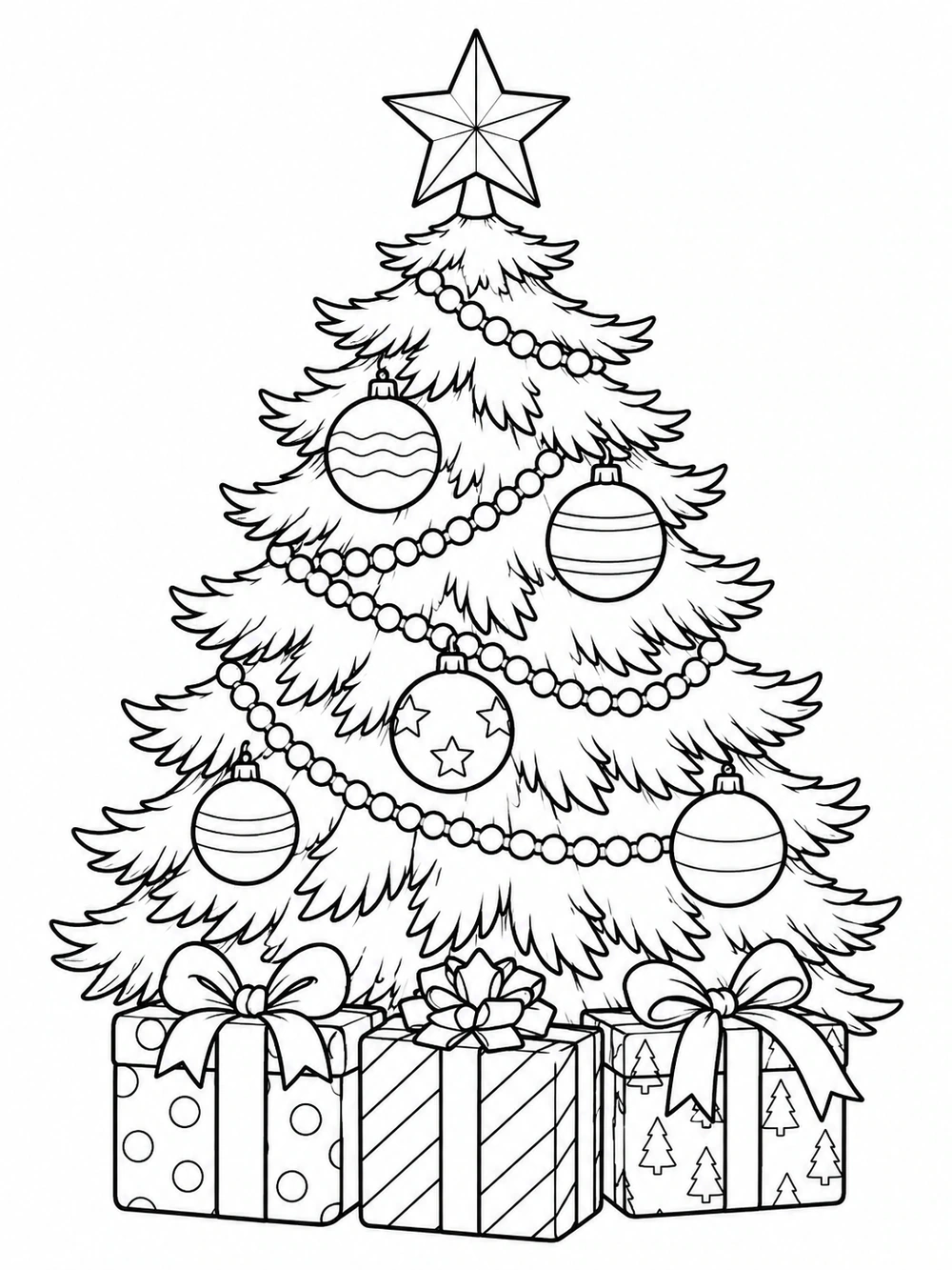Christmas tree coloring page with round ornaments and three wrapped presents beneath it.