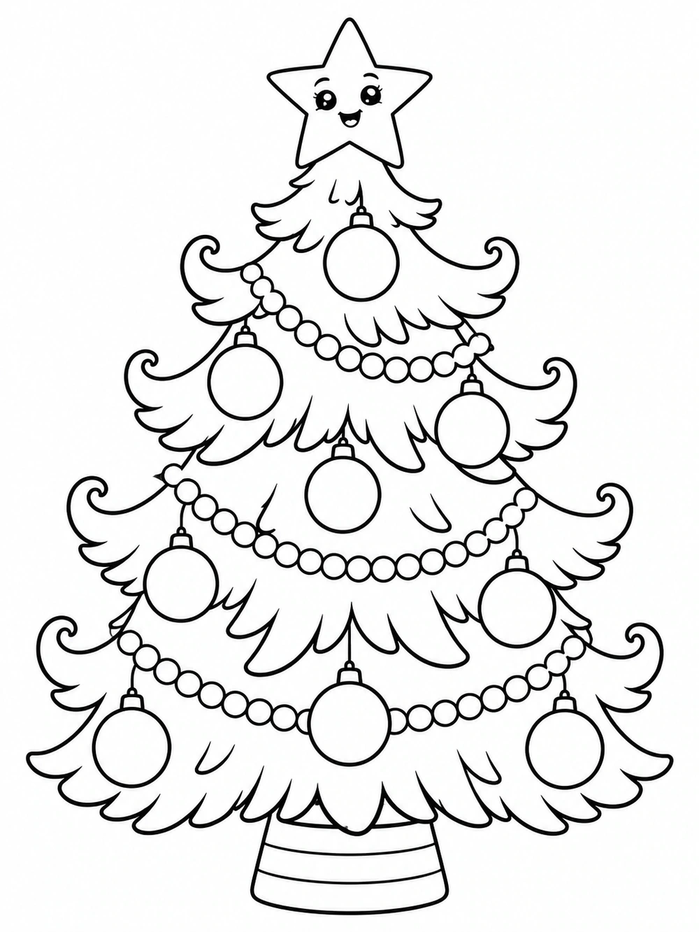 A tiered evergreen with curling branch tips, round ornaments, beaded garlands, and a smiling star topper.